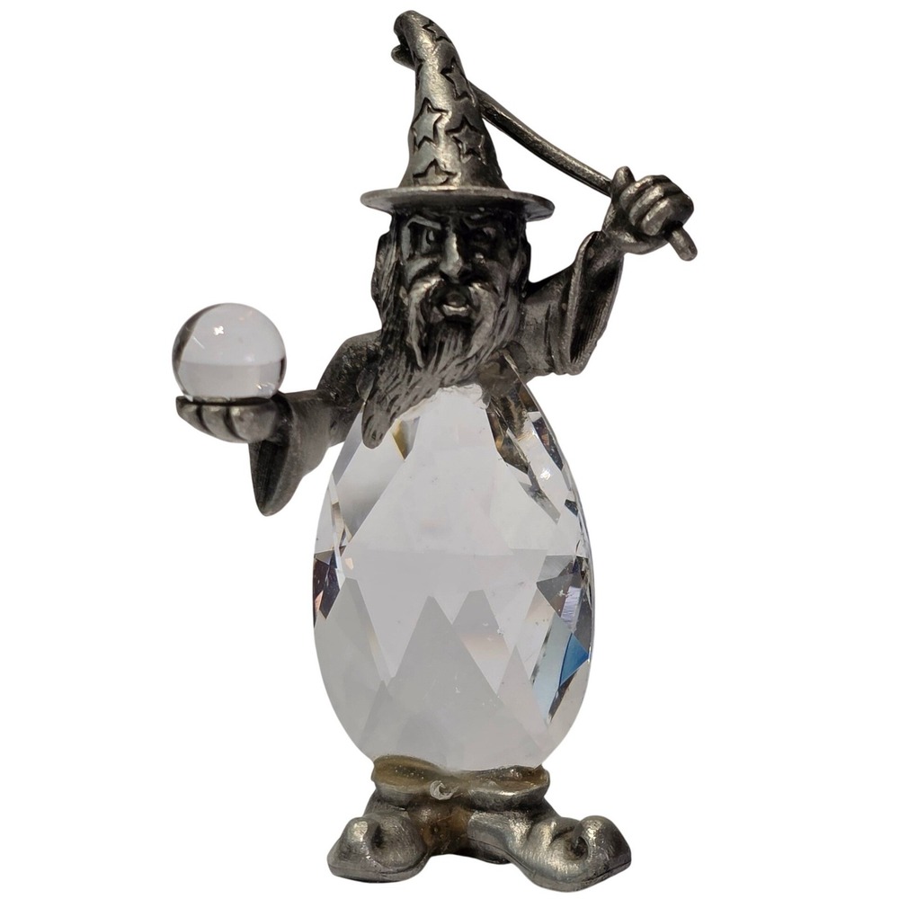 Vintage Pewter Wizard Figurine with Faceted Crystal Body and Orb Fantasy Decor
